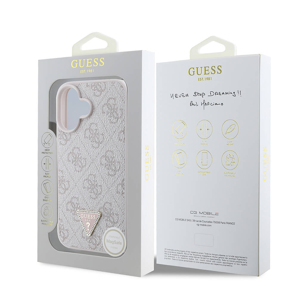 Apple iPhone 16 Plus Kılıf Guess Orjinal Lisanslı M-safe Şarj Özellikli PU Deri 4G Desenli Taşlı Üçgen Logolu Kapak