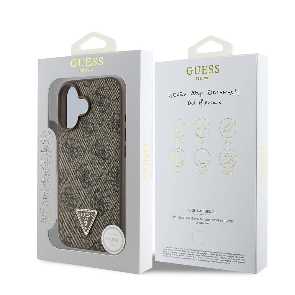 Apple iPhone 16 Plus Kılıf Guess Orjinal Lisanslı M-safe Şarj Özellikli PU Deri 4G Desenli Taşlı Üçgen Logolu Kapak