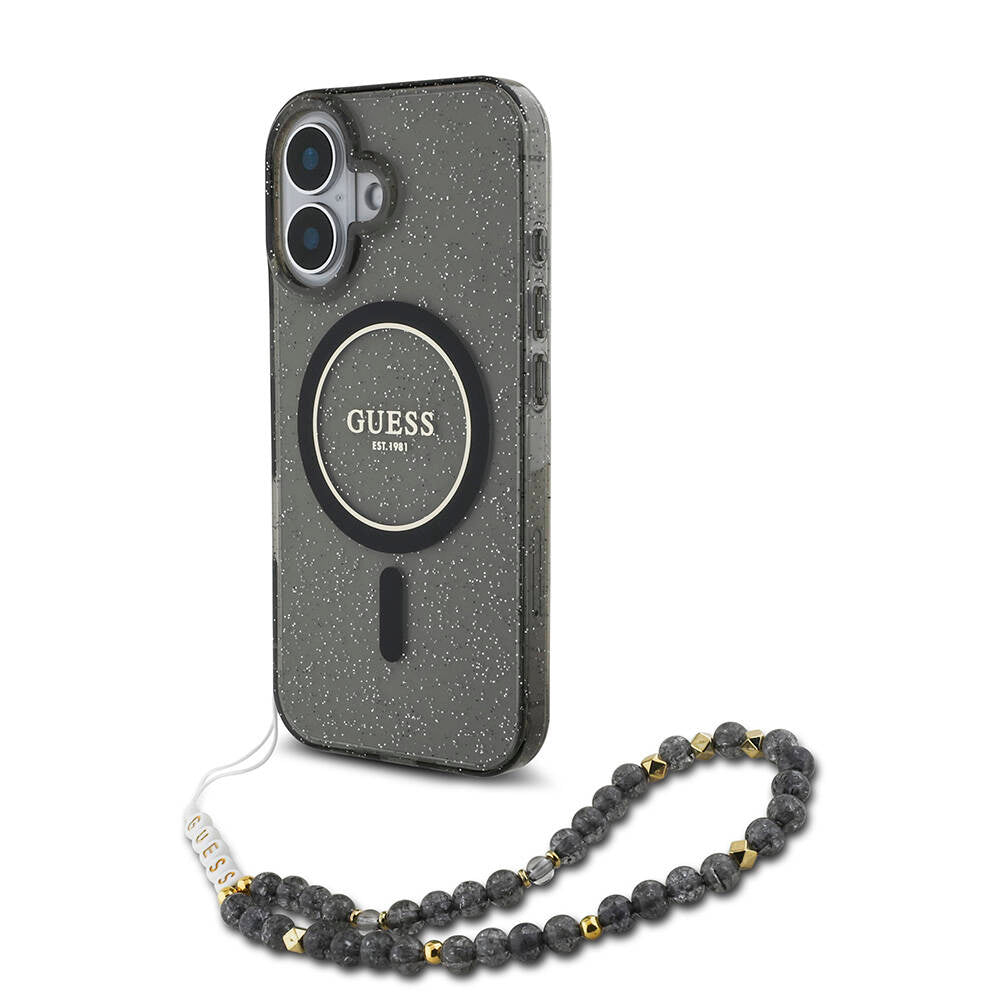 Apple iPhone 16 Plus Kılıf Guess Orjinal Lisanslı M-safe Şarj Özellikli Simli Silikon İnci Bileklikli Kapak