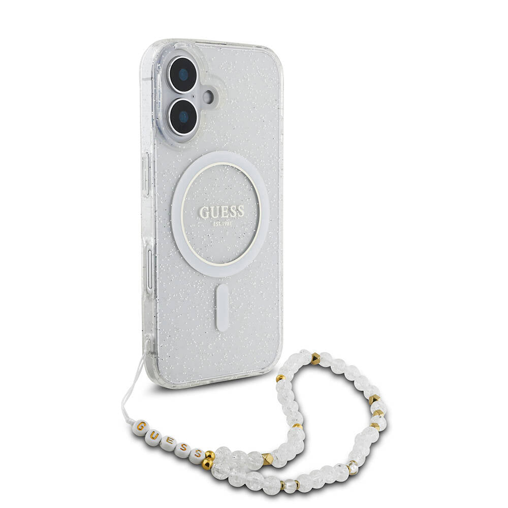 Apple iPhone 16 Plus Kılıf Guess Orjinal Lisanslı M-safe Şarj Özellikli Simli Silikon İnci Bileklikli Kapak