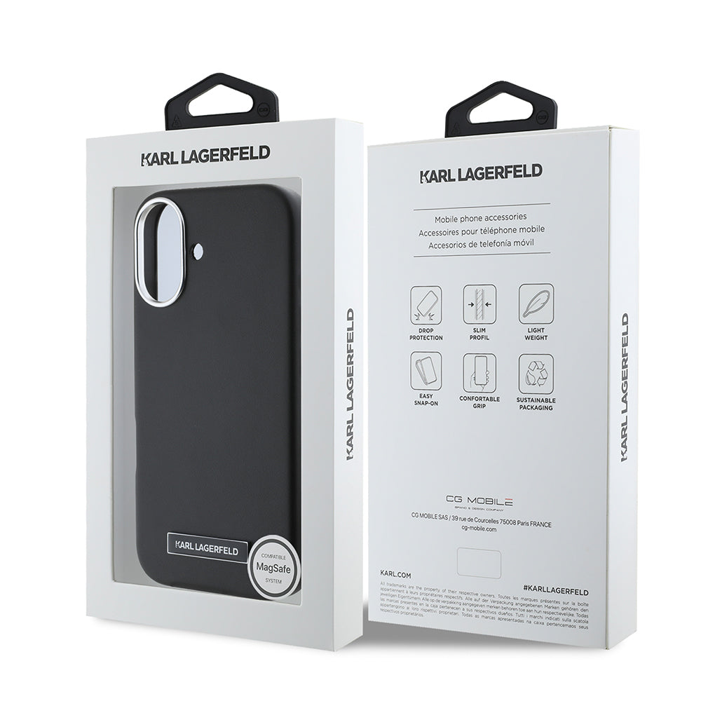 Apple iPhone 16 Plus Kılıf Karl Lagerfeld Orjinal Lisanslı M-safe Şarj Özellikli Metal Kamera ve Buton Tasarımlı Plaka Logolu PU Deri Kapak