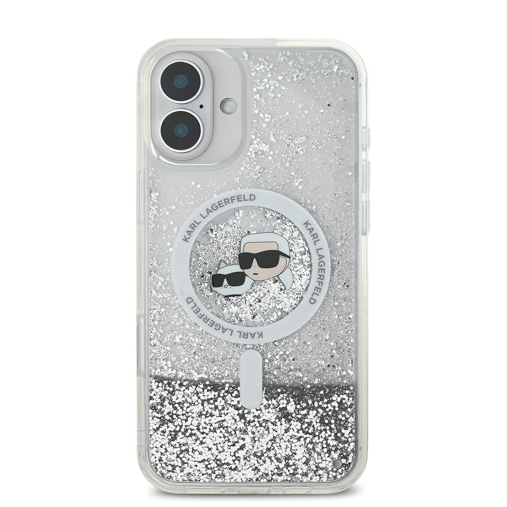 Apple iPhone 16 Plus Kılıf Karl Lagerfeld Orjinal Lisanslı M-safe Şarj Özellikli Sıvılı Simli K&C Heads Kapak