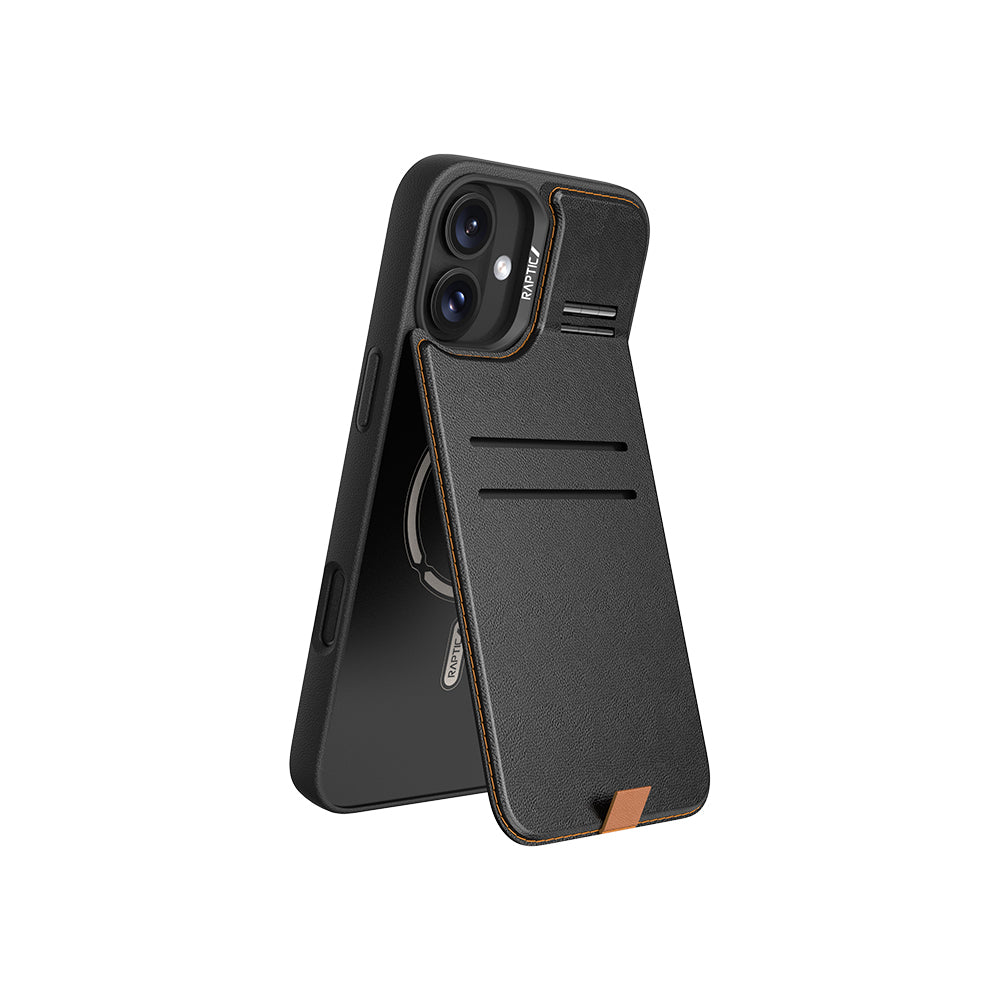 Apple iPhone 16 Plus Kılıf M-safe Şarj Özellikli Raptic Slim Wallet Serisi Deri Görünümlü Kartlıklı Standlı Kapak