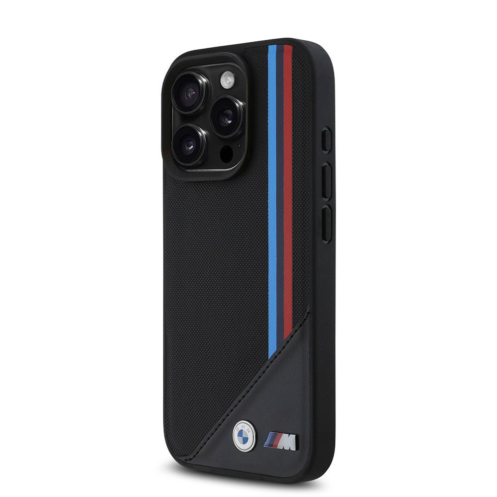 Apple iPhone 16 Pro Kılıf BMW Orjinal Lisanslı M-safe Şarj Özellikli M Logolu Üç Çizgili Dikiş Detaylı Meshed Tricolor Stripes Kapak