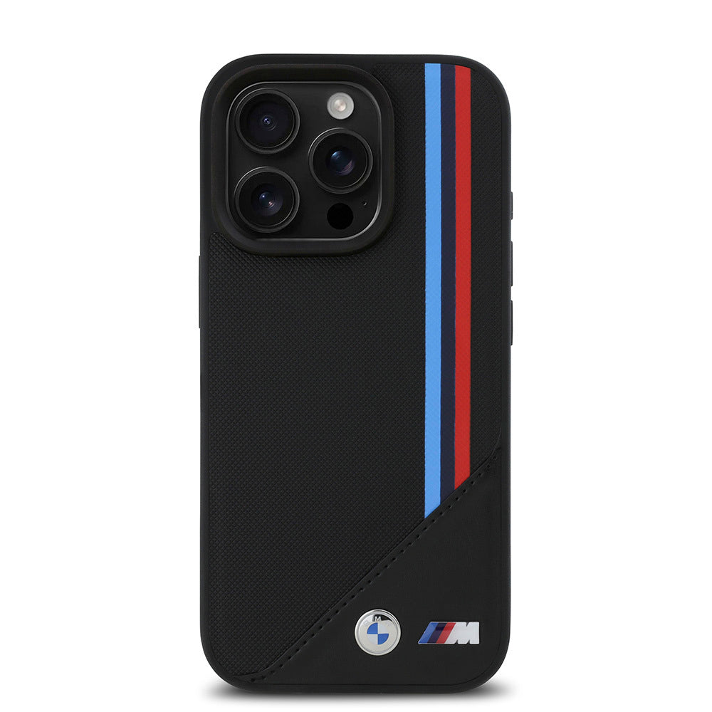 Apple iPhone 16 Pro Kılıf BMW Orjinal Lisanslı M-safe Şarj Özellikli M Logolu Üç Çizgili Dikiş Detaylı Meshed Tricolor Stripes Kapak