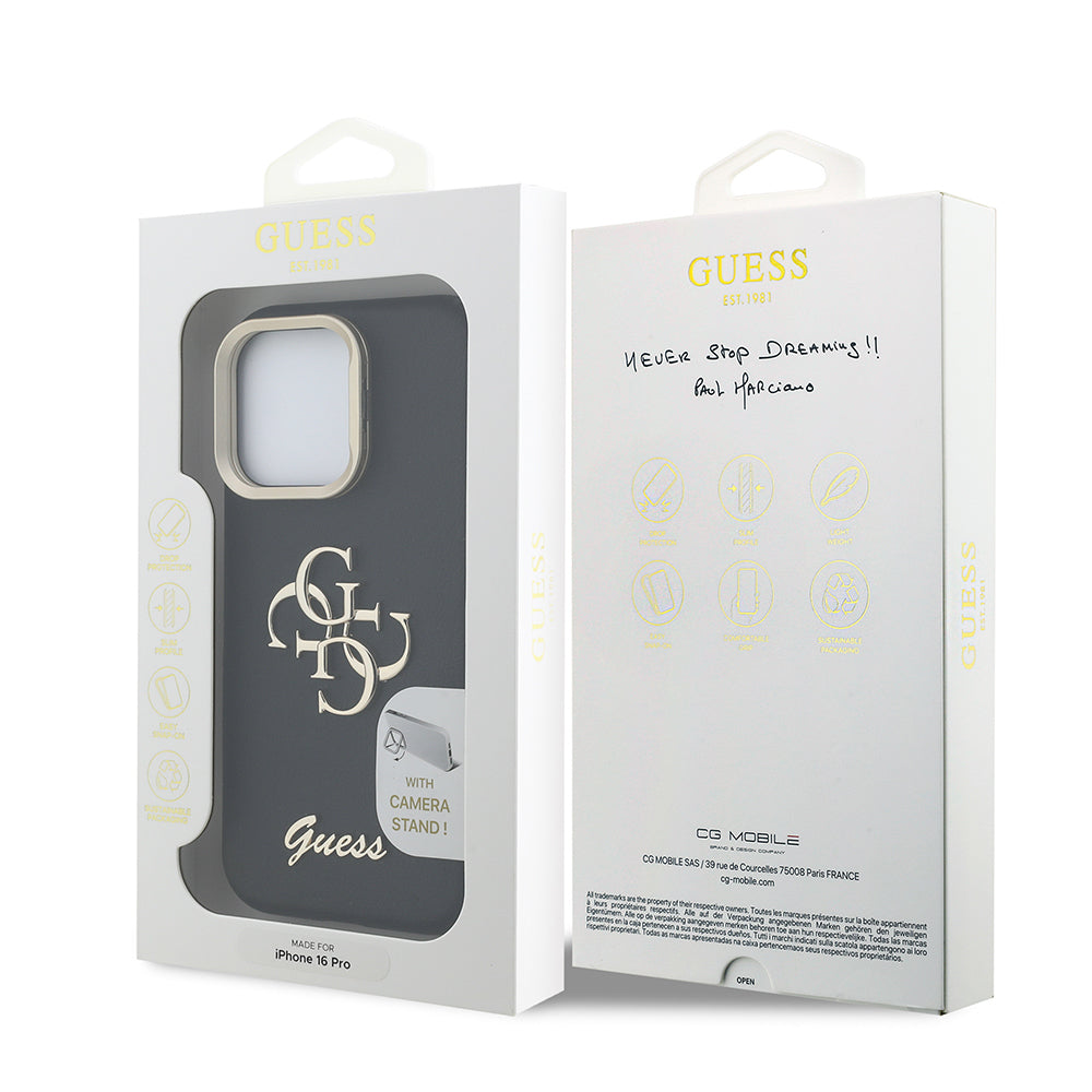 Apple iPhone 16 Pro Kılıf Guess Orjinal Lisanslı Grained Yazı Logolu Kamera Standlı Kapak