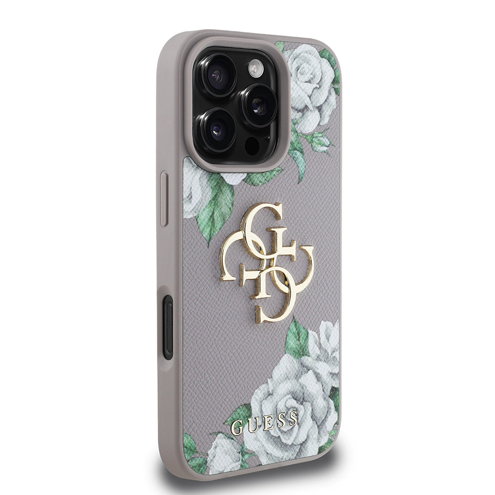 Apple iPhone 16 Pro Kılıf Guess Orjinal Lisanslı Gül Baskılı Büyük Metal Logo Dizaynlı Kapak