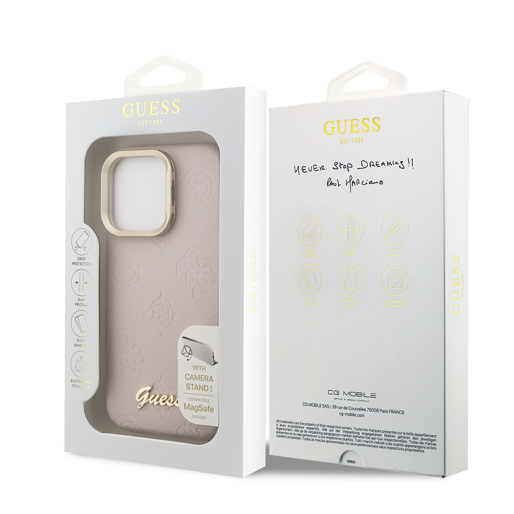 Apple iPhone 16 Pro Kılıf Guess Orjinal Lisanslı M-safe Şarj Özellikli Sıcak Baskılı Yazı Logolu Kamera Standlı PU Deri Peony Kapak