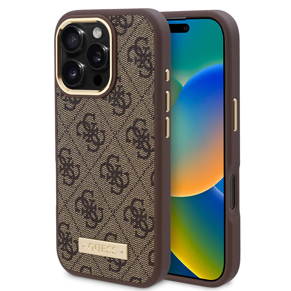 Apple iPhone 16 Pro Kılıf Guess Orjinal Lisanslı M-safe Şarj Özellikli 4G Desenli PU Metal Plaka Klasik Logolu Kapak