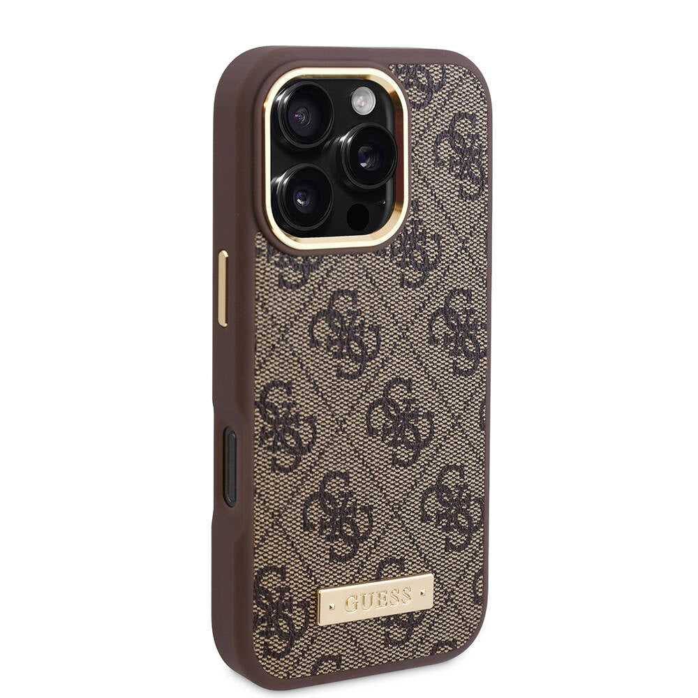 Apple iPhone 16 Pro Kılıf Guess Orjinal Lisanslı M-safe Şarj Özellikli 4G Desenli PU Metal Plaka Klasik Logolu Kapak