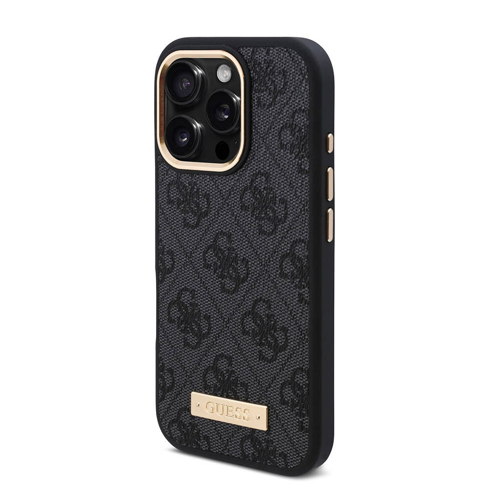 Apple iPhone 16 Pro Kılıf Guess Orjinal Lisanslı M-safe Şarj Özellikli 4G Desenli PU Metal Plaka Klasik Logolu Kapak