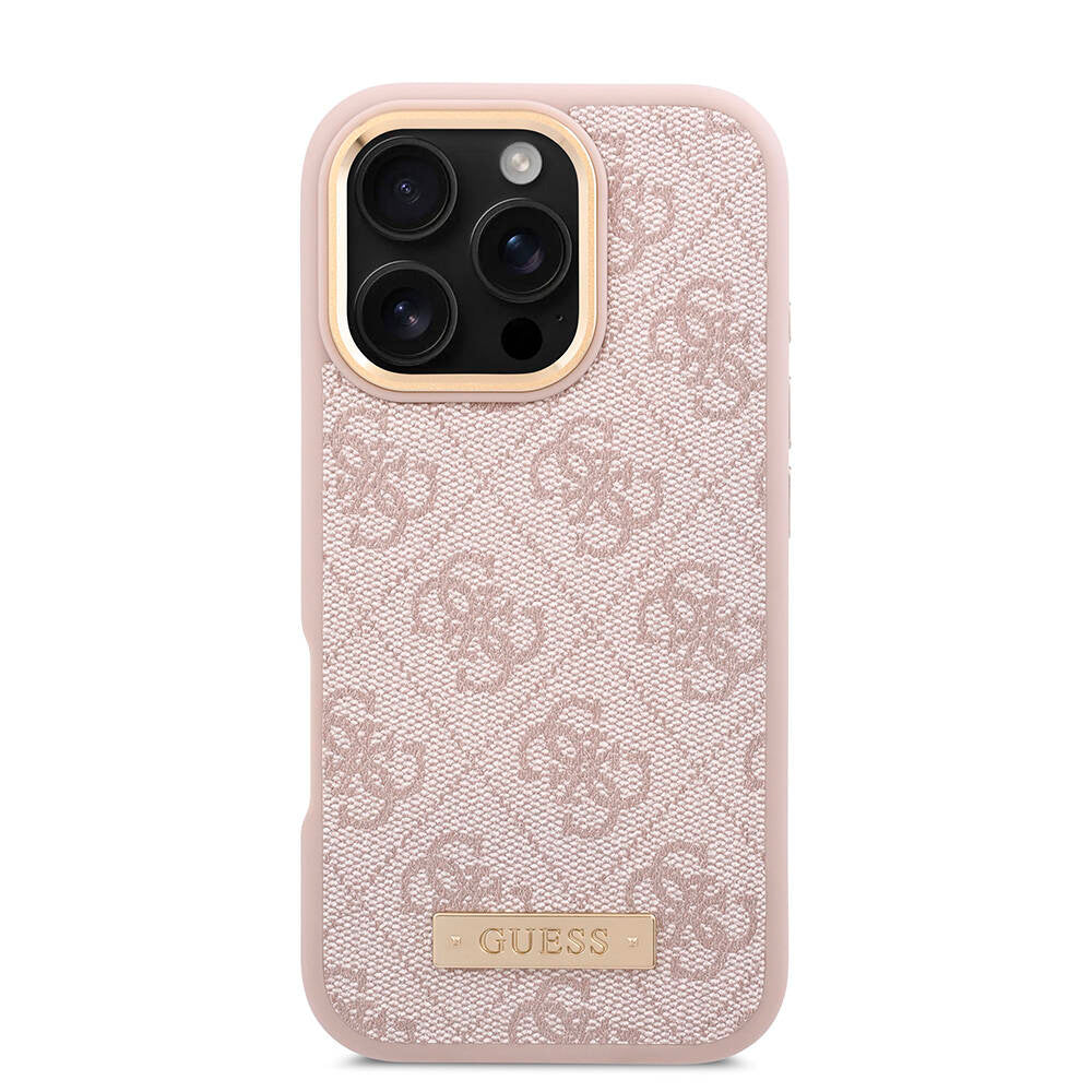 Apple iPhone 16 Pro Kılıf Guess Orjinal Lisanslı M-safe Şarj Özellikli 4G Desenli PU Metal Plaka Klasik Logolu Kapak
