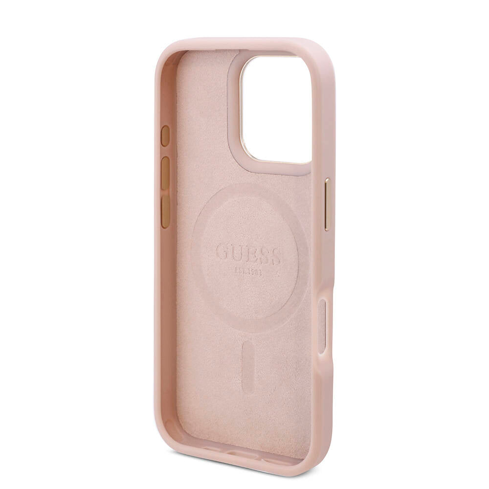 Apple iPhone 16 Pro Kılıf Guess Orjinal Lisanslı M-safe Şarj Özellikli 4G Desenli PU Metal Plaka Klasik Logolu Kapak