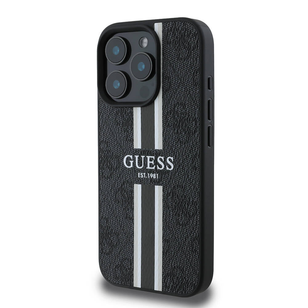 Apple iPhone 16 Pro Kılıf Guess Orjinal Lisanslı M-safe Şarj Özellikli 4G Şerit Tasarımlı Printed Kapak
