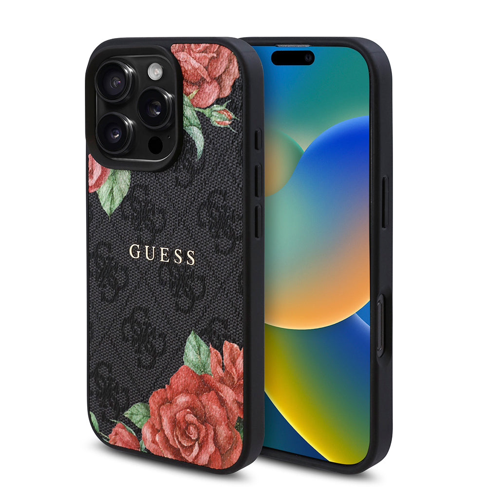 Apple iPhone 16 Pro Kılıf Guess Orjinal Lisanslı M-safe Şarj Özellikli Gül Baskılı 4G Desenli Yazı Logolu Kapak
