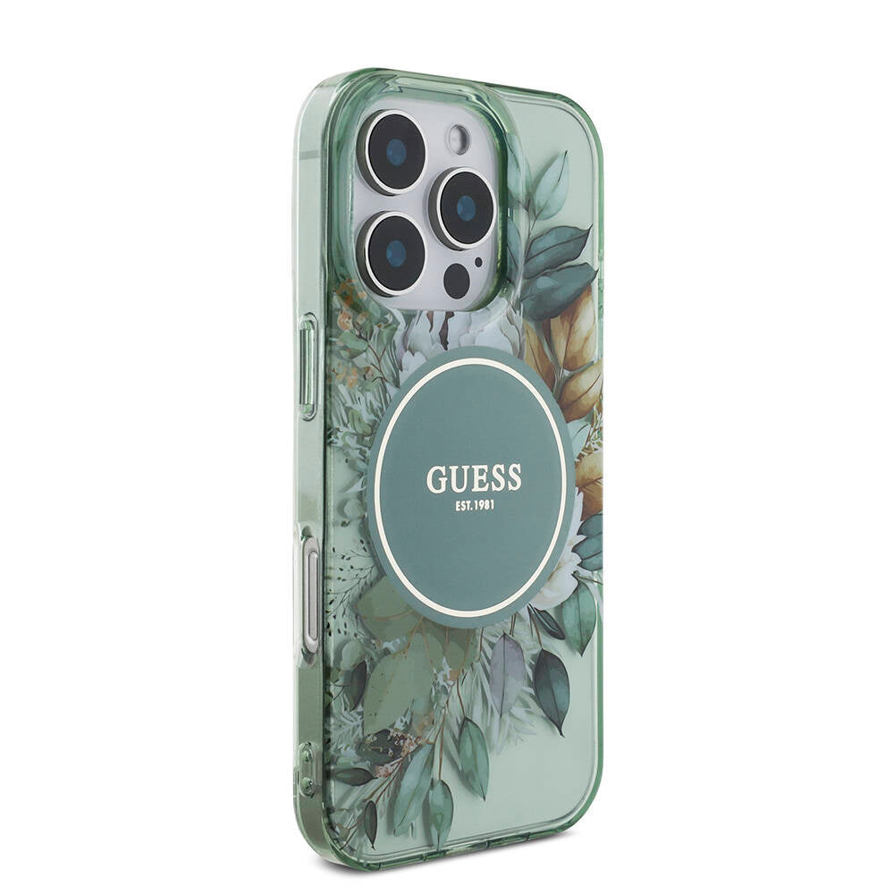Apple iPhone 16 Pro Kılıf Guess Orjinal Lisanslı M-safe Şarj Özellikli IML Baskılı Çiçek İnci Bileklikli Kapak