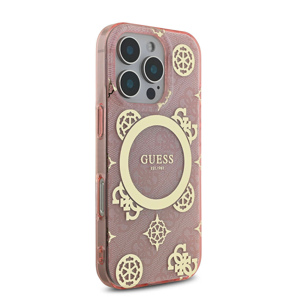 Apple iPhone 16 Pro Kılıf Guess Orjinal Lisanslı M-safe Şarj Özellikli IML Peony ve 4G Desenli Klasik Logolu Kapak