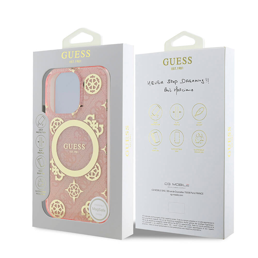 Apple iPhone 16 Pro Kılıf Guess Orjinal Lisanslı M-safe Şarj Özellikli IML Peony ve 4G Desenli Klasik Logolu Kapak