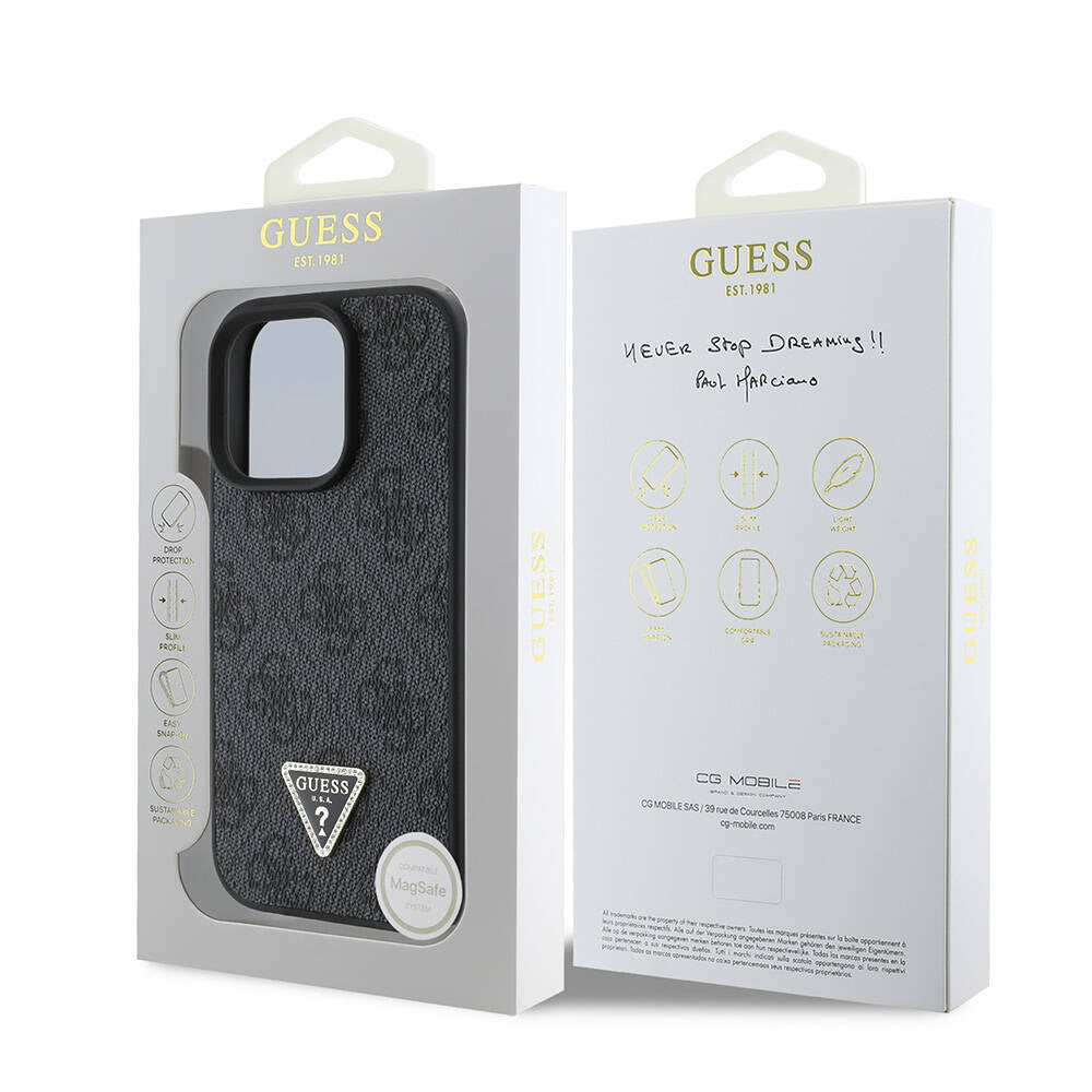 Apple iPhone 16 Pro Kılıf Guess Orjinal Lisanslı M-safe Şarj Özellikli PU Deri 4G Desenli Taşlı Üçgen Logolu Kapak