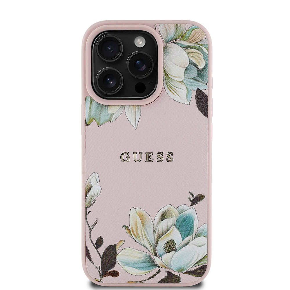 Apple iPhone 16 Pro Kılıf Guess Orjinal Lisanslı M-safe Şarj Özellikli Taneli Çiçek Tasarımlı Metal Yazı Logolu Kapak