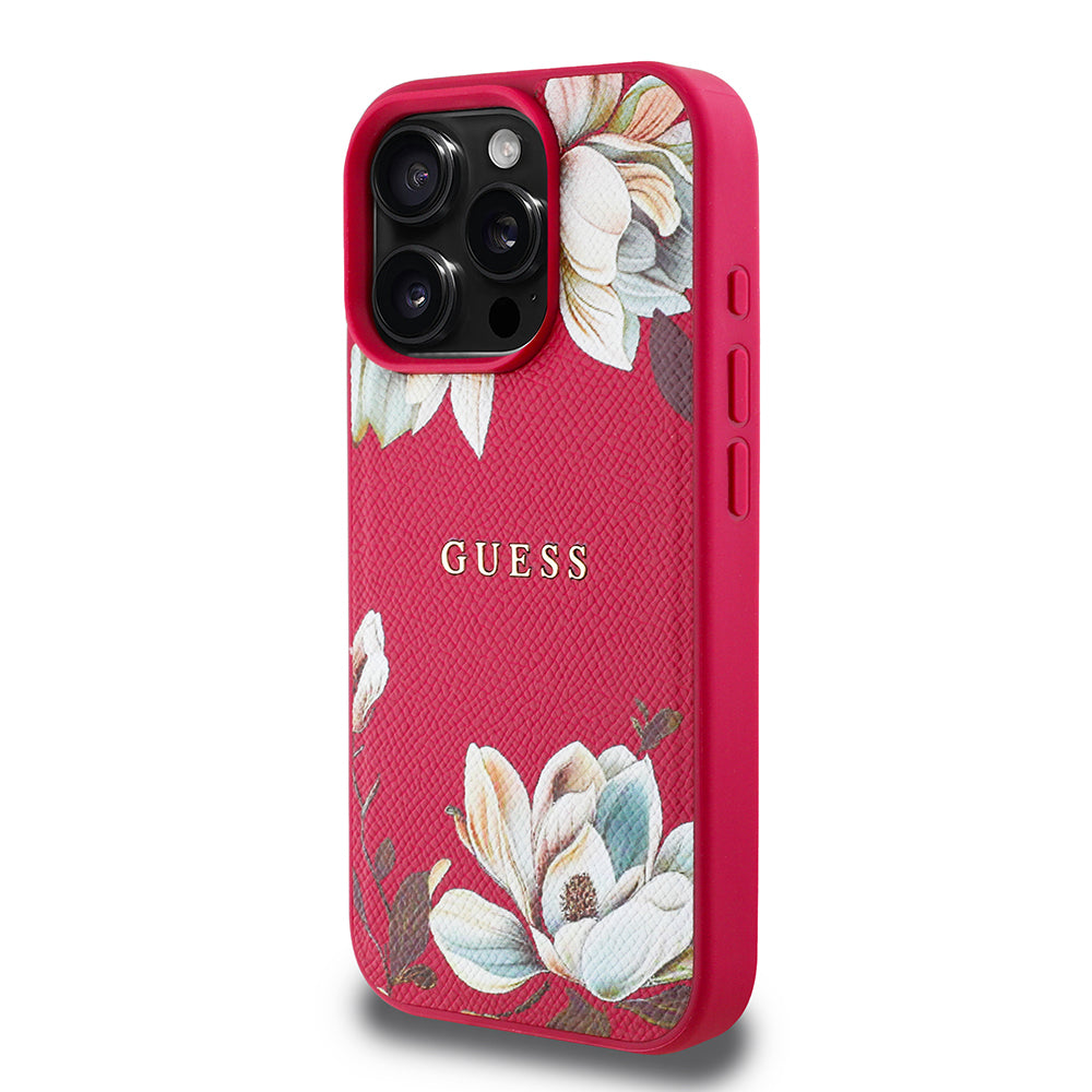 Apple iPhone 16 Pro Kılıf Guess Orjinal Lisanslı M-safe Şarj Özellikli Taneli Çiçek Tasarımlı Metal Yazı Logolu Kapak