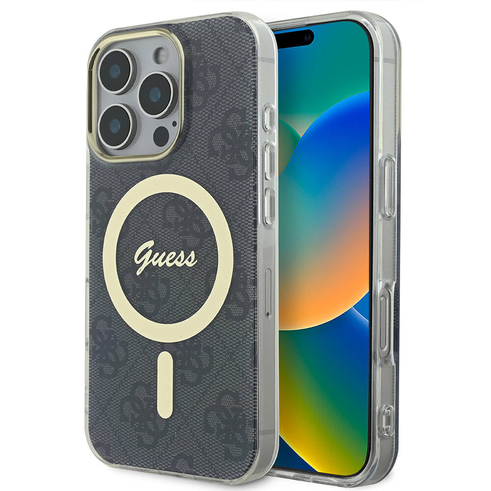 Apple iPhone 16 Pro Kılıf Guess Orjinal Lisanslı M-safe Şarj Özellikli Yazı Logolu 4G Desenli Kapak