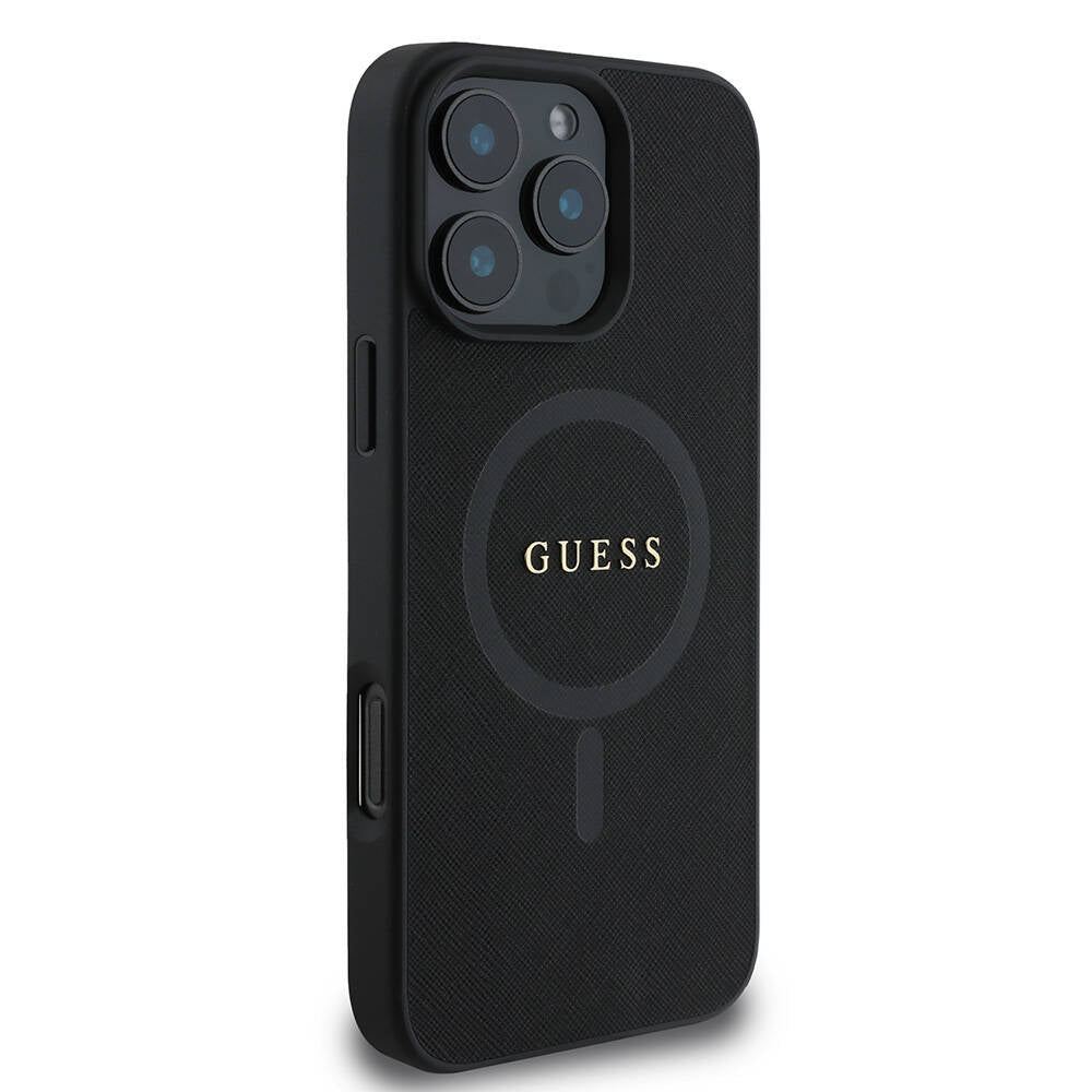 Apple iPhone 16 Pro Kılıf Guess Orjinal Lisanslı M-safe Şarj Özellikli Yazı Logolu Saffiano Classic Kapak