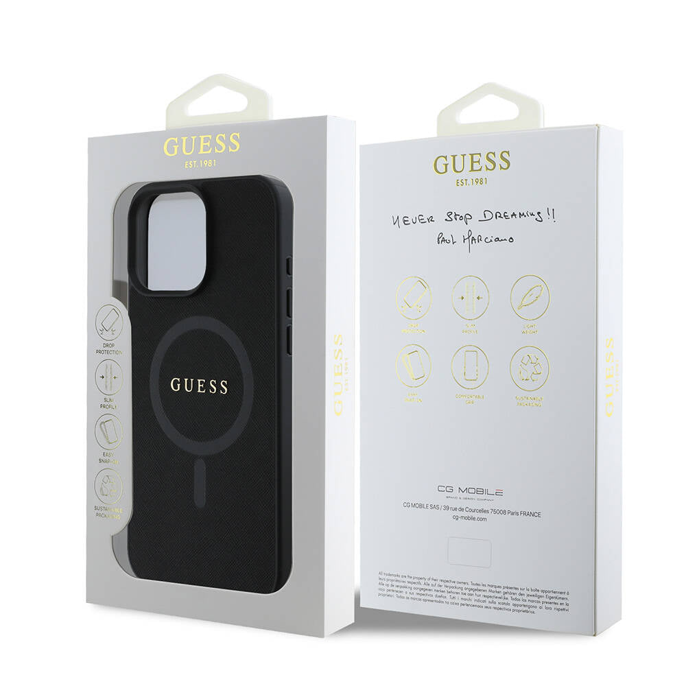 Apple iPhone 16 Pro Kılıf Guess Orjinal Lisanslı M-safe Şarj Özellikli Yazı Logolu Saffiano Classic Kapak