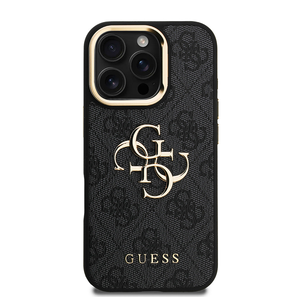 Apple iPhone 16 Pro Kılıf Guess Orjinal Lisanslı PU Deri 4G Desenli Metal Büyük 4G ve Yazı Logolu Kamera Standlı Kapak