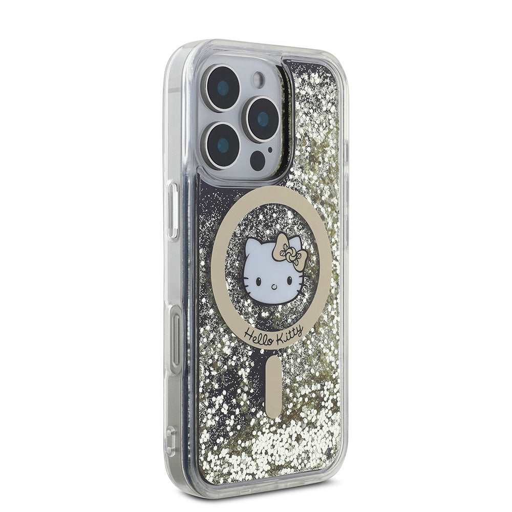 Apple iPhone 16 Pro Kılıf Hello Kitty Orjinal Lisanslı M-safe Şarj Özellikli IML Baskı Kitty Head Logolu Sıvılı Simli Altın Ateşi Kapak
