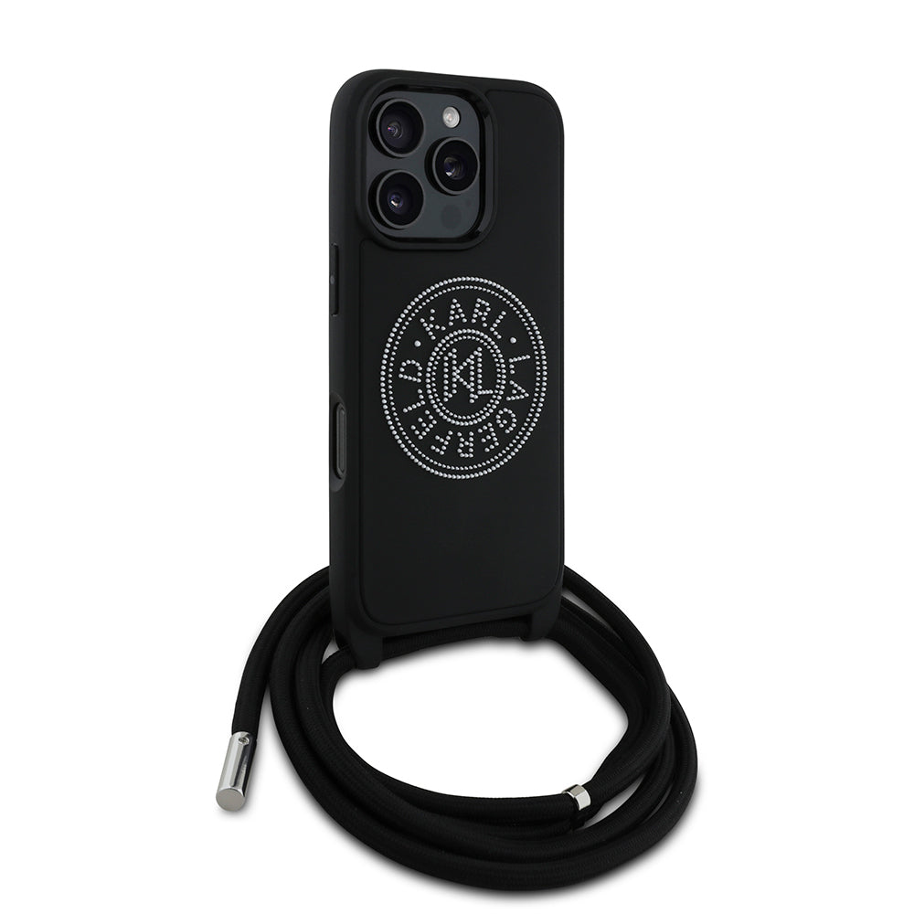 Apple iPhone 16 Pro Kılıf Karl Lagerfeld Orjinal Lisanslı Askı İpli Taşlı KL Yazılı Crossbody Cord Kapak