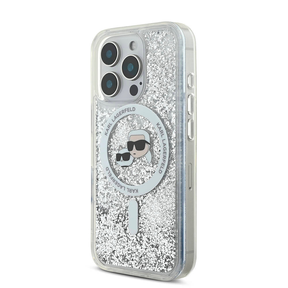 Apple iPhone 16 Pro Kılıf Karl Lagerfeld Orjinal Lisanslı M-safe Şarj Özellikli Sıvılı Simli KC Heads Kapak