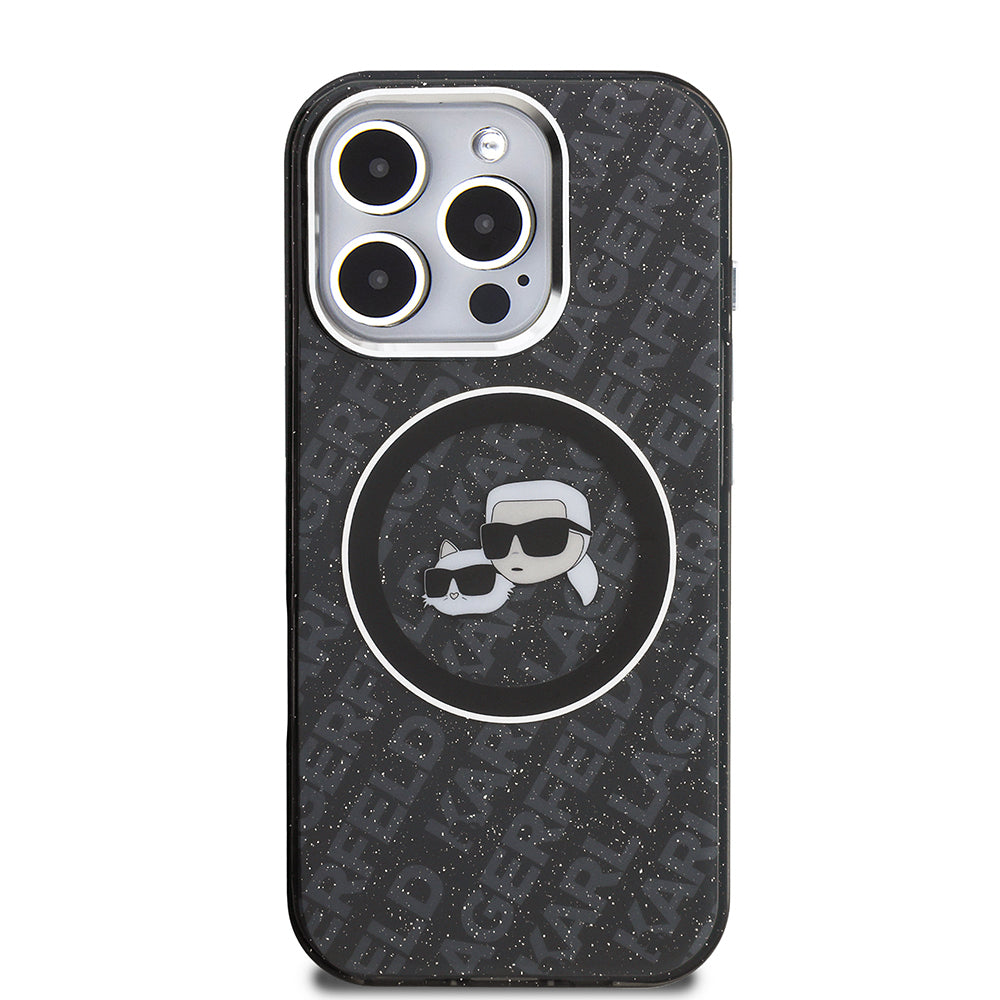 Apple iPhone 16 Pro Kılıf Karl Lagerfeld Orjinal Lisanslı Parlayan Simli Karl & Choupette Heads Kapak