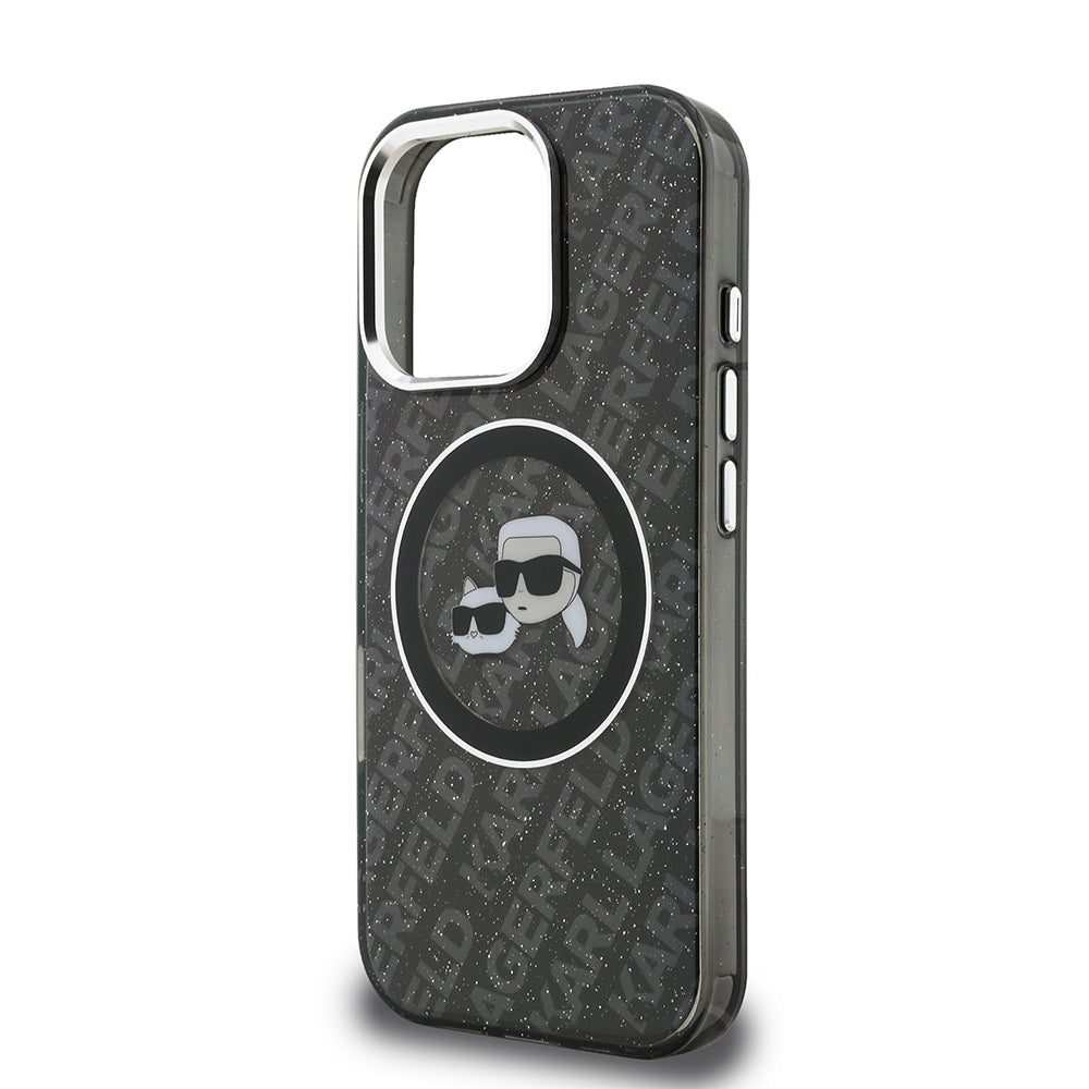 Apple iPhone 16 Pro Kılıf Karl Lagerfeld Orjinal Lisanslı Parlayan Simli Karl & Choupette Heads Kapak