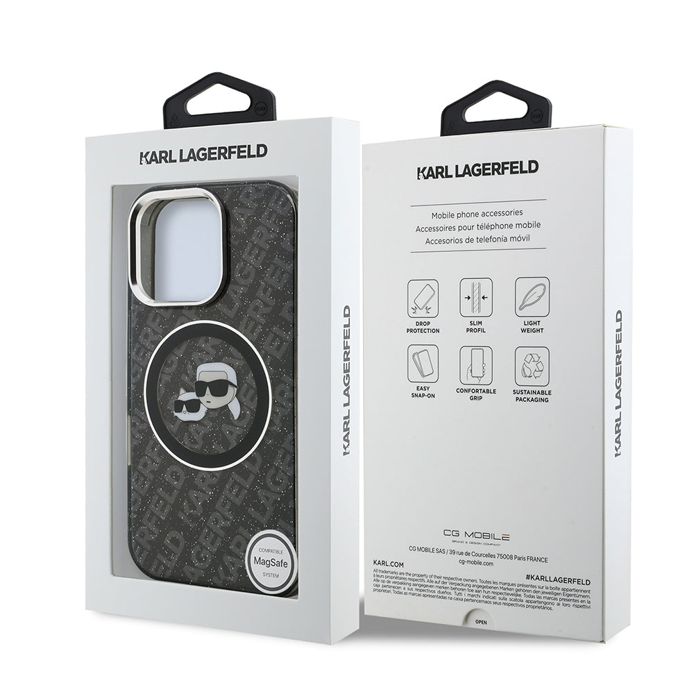 Apple iPhone 16 Pro Kılıf Karl Lagerfeld Orjinal Lisanslı Parlayan Simli Karl & Choupette Heads Kapak