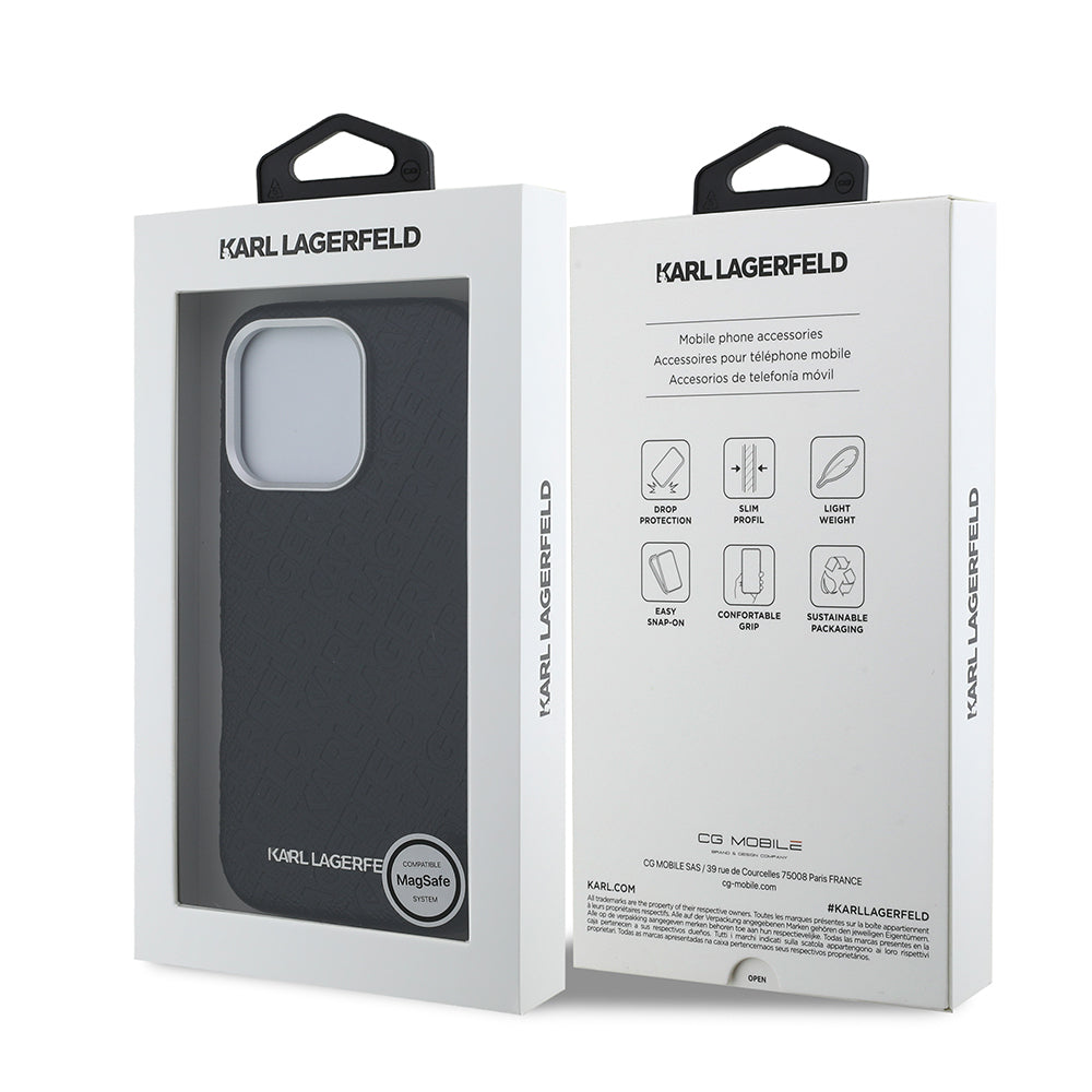 Apple iPhone 16 Pro Kılıf Karl Lagerfeld Orjinal Lisanslı PU Deri Damgalı Metal Yazı Logolu Kapak