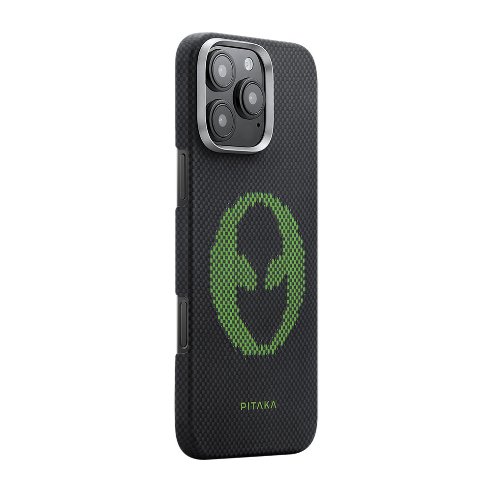 Apple iPhone 16 Pro Kılıf M-safe Şarj Özellikli Lumintex Teknolojili Fosforlu Aramid Fiber Pitaka Tactile Woven Aries Serisi Alien Kapak