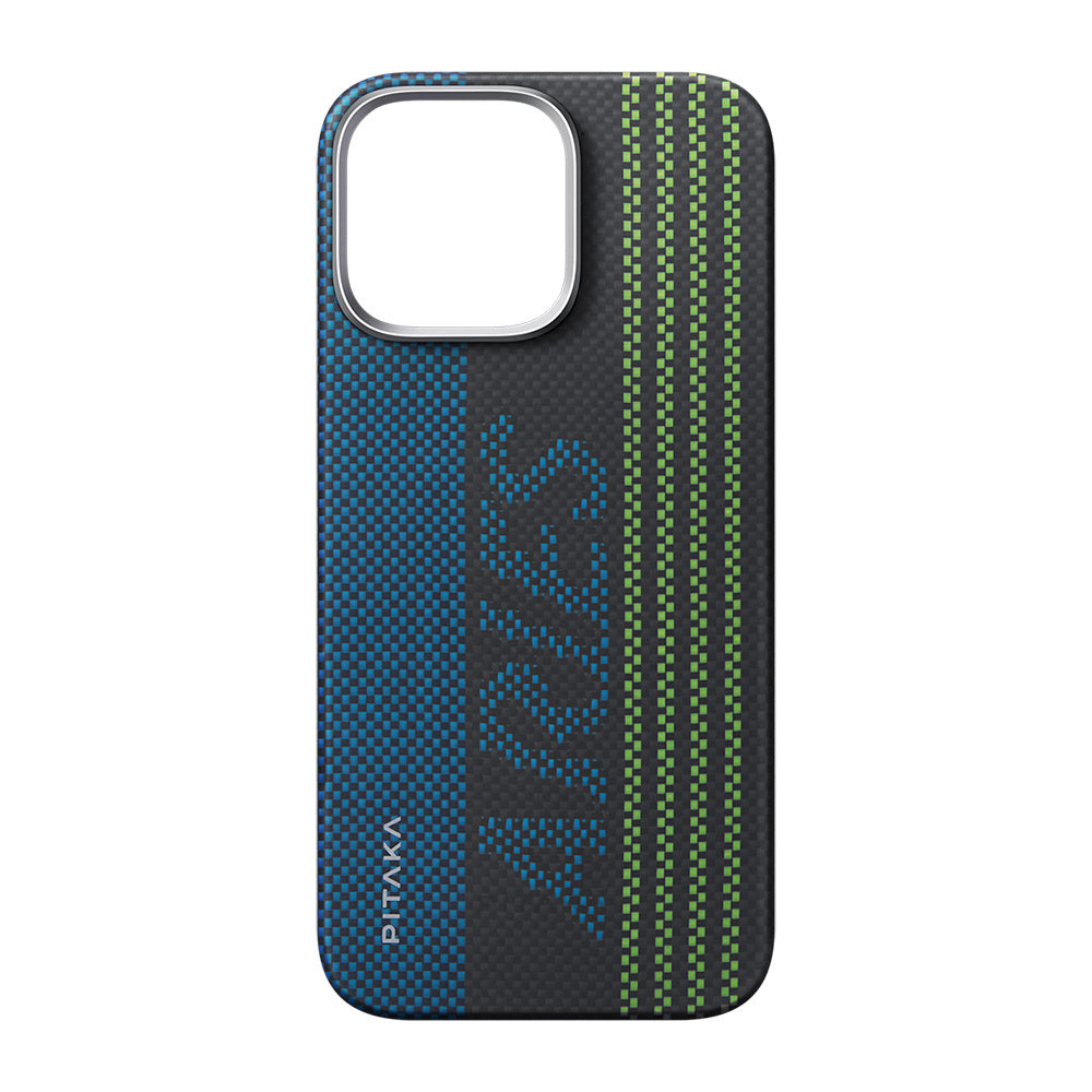 Apple iPhone 16 Pro Kılıf M-safe Şarj Özellikli Lumintex Teknolojili Fosforlu Aramid Fiber Pitaka Tactile Woven Aries Serisi Credit Card Kapak