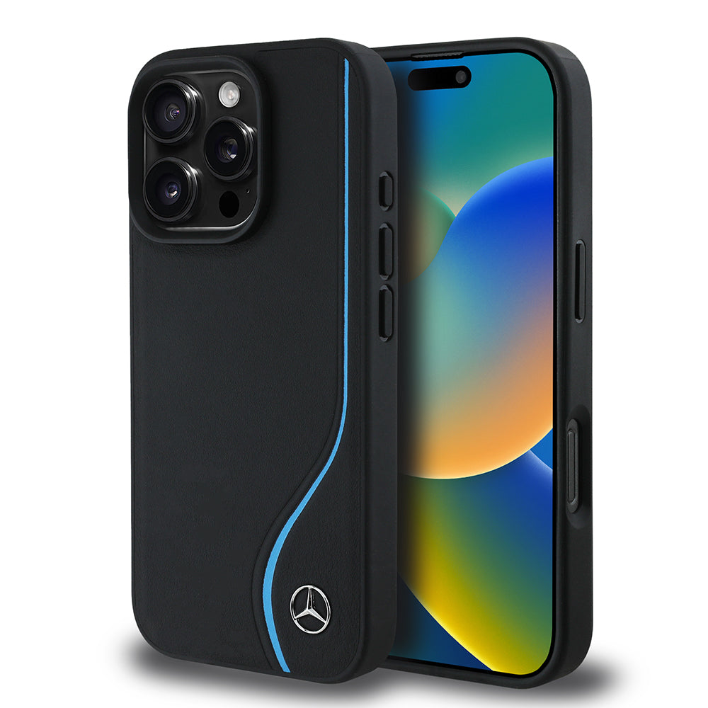 Apple iPhone 16 Pro Kılıf Mercedes Benz Orjinal Lisanslı M-safe Şarj Özellikli 3D Metal Logolu Mavi Dikey Eğri Çizgili Deri Kapak