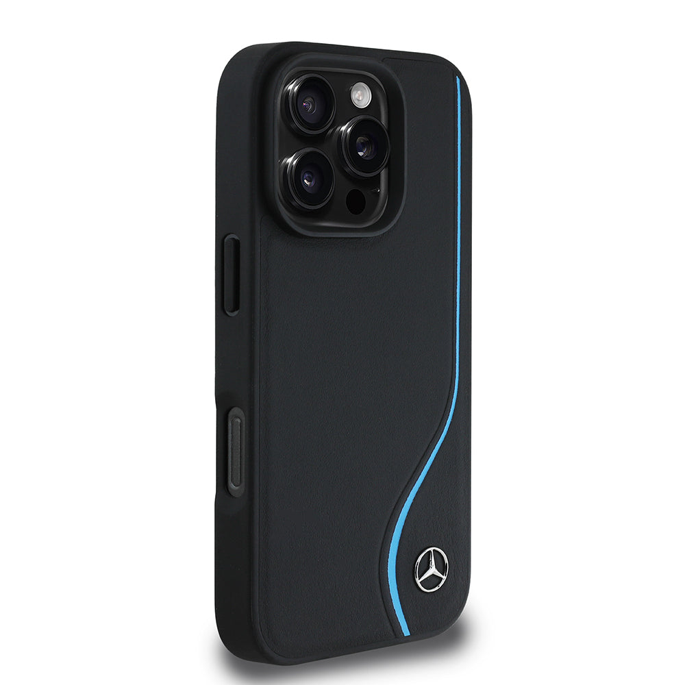 Apple iPhone 16 Pro Kılıf Mercedes Benz Orjinal Lisanslı M-safe Şarj Özellikli 3D Metal Logolu Mavi Dikey Eğri Çizgili Deri Kapak