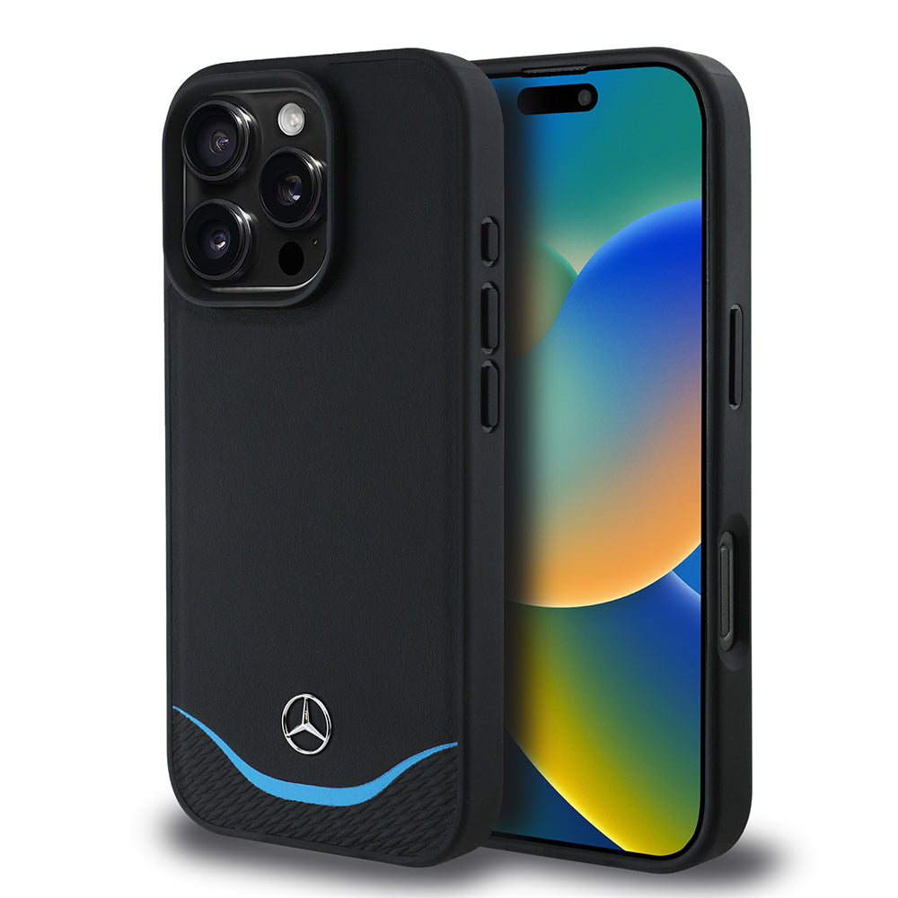 Apple iPhone 16 Pro Kılıf Mercedes Benz Orjinal Lisanslı M-safe Şarj Özellikli 3D Metal Logolu Mavi Yatay Eğri Çizgili Deri Kapak