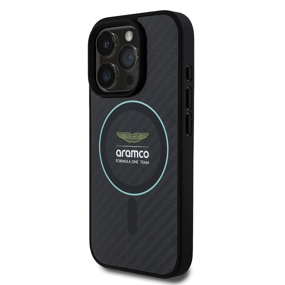 Apple iPhone 16 Pro Max Kılıf Aston Martin Orjinal Lisanslı M-safe Şarj Özellikli Renkli Halka ve Karbon Fiber Tasarımlı Kapak