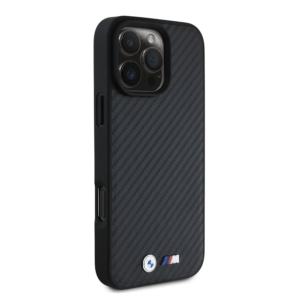 Apple iPhone 16 Pro Max Kılıf BMW Orjinal Lisanslı Karbon Fiber Tasarımlı ve Metal Logolu PU Deri Kapak