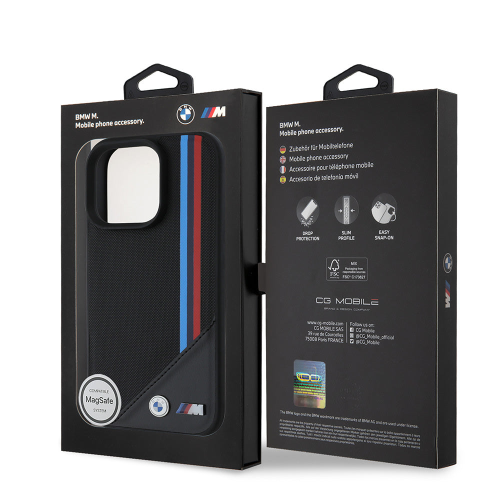 Apple iPhone 16 Pro Max Kılıf BMW Orjinal Lisanslı M-safe Şarj Özellikli M Logolu Üç Çizgili Dikiş Detaylı Meshed Tricolor Stripes Kapak