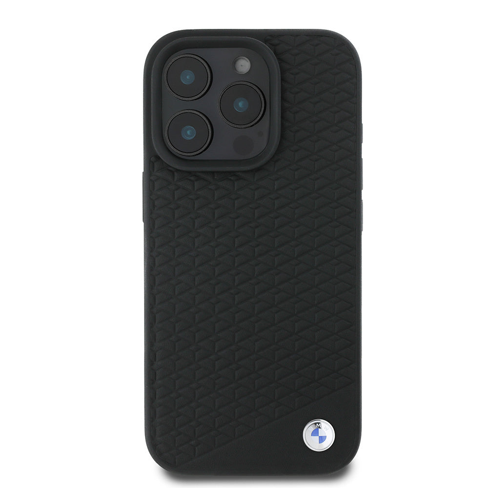 Apple iPhone 16 Pro Max Kılıf BMW Orjinal Lisanslı M-safe Şarj Özellikli Metal Logolu Dokulu Diamond Deri Kapak
