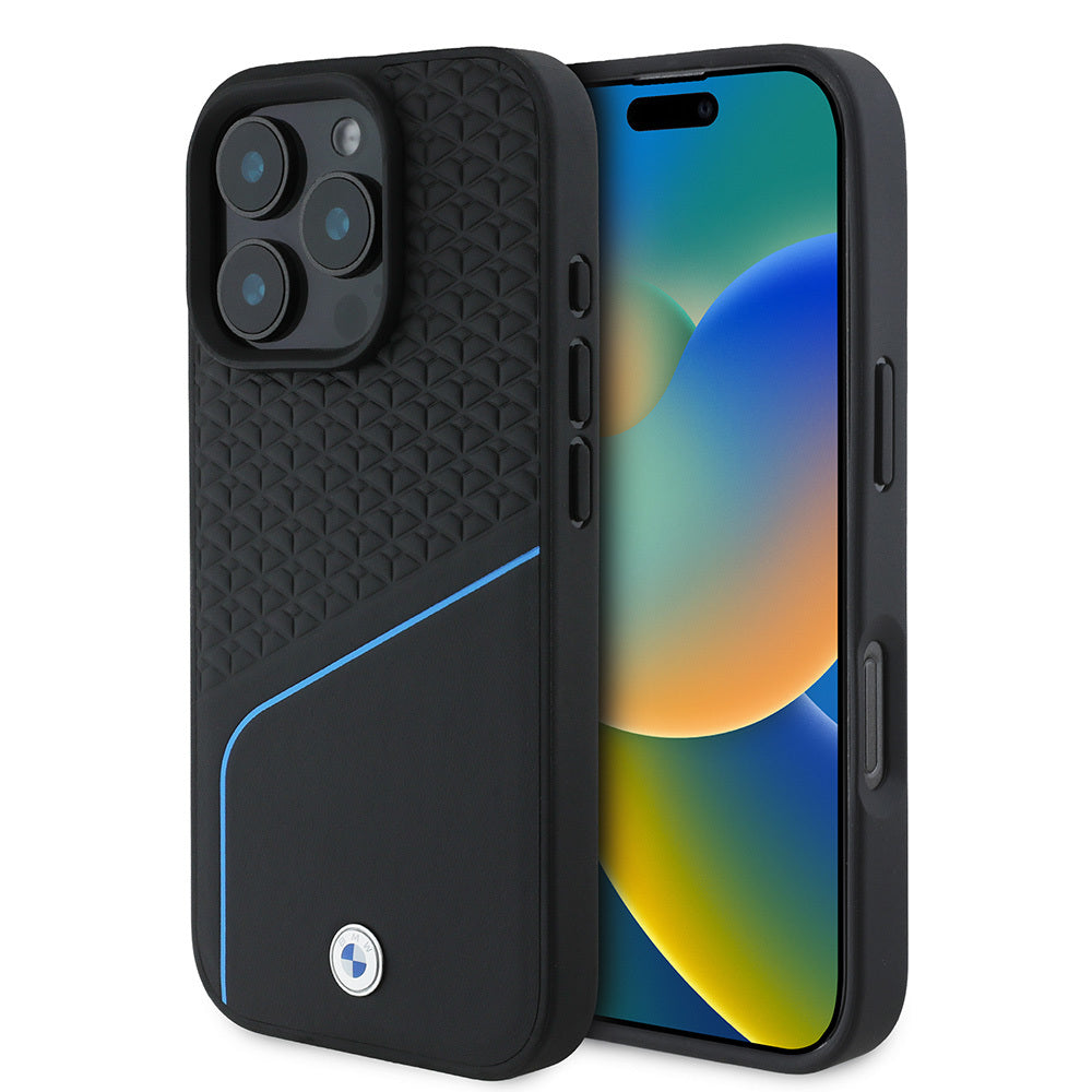 Apple iPhone 16 Pro Max Kılıf BMW Orjinal Lisanslı M-safe Şarj Özellikli Metal Logolu Dokulu ve Çizgili Deri Kapak
