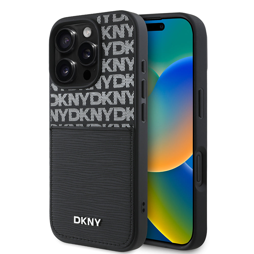 Apple iPhone 16 Pro Max Kılıf DKNY Orjinal Lisanslı Kartlıklı 3D Yazılı Repeat Texture Pattern Kapak