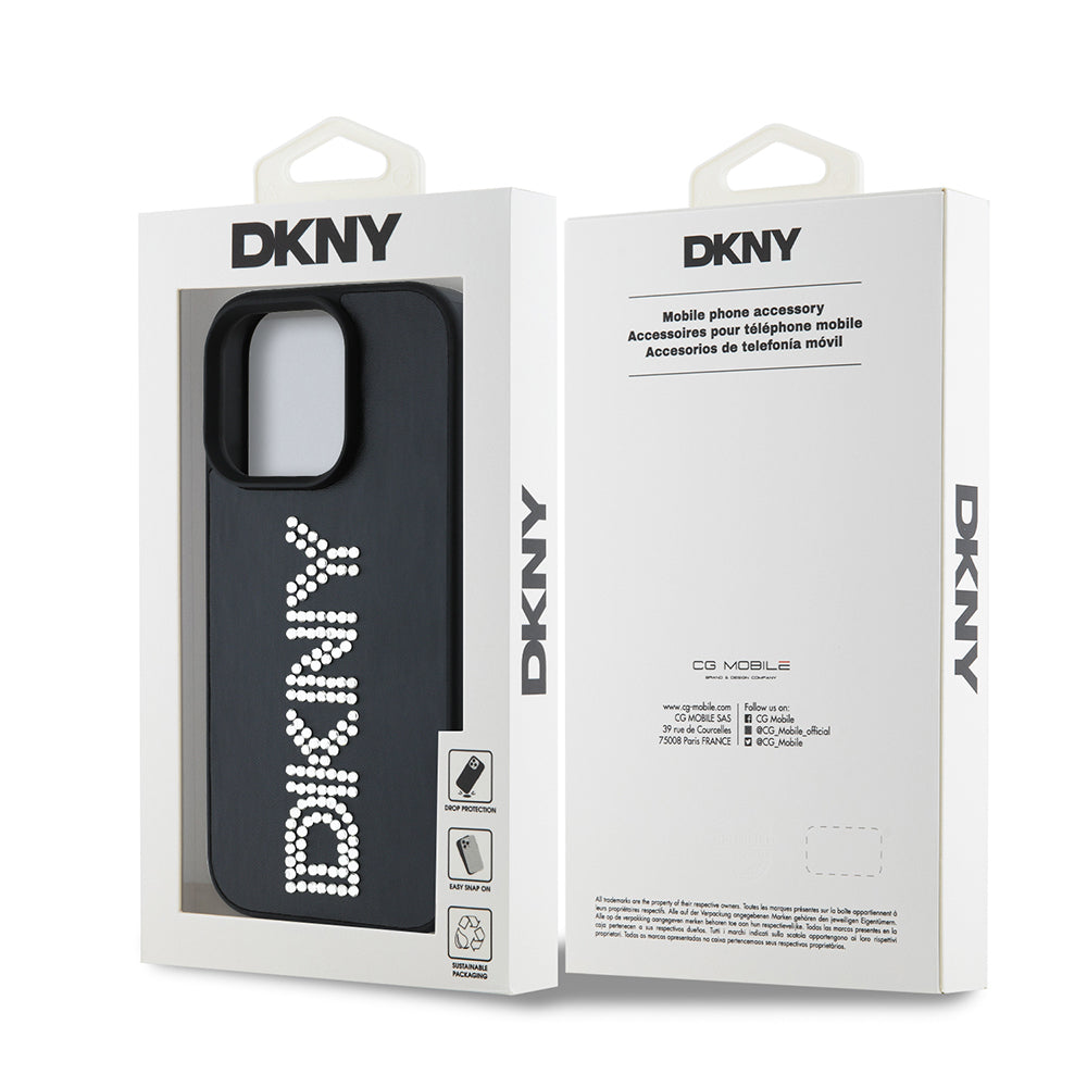 Apple iPhone 16 Pro Max Kılıf DKNY Orjinal Lisanslı Taşlı DKNY Yazılı Metalik Rhinestones PU Deri Kapak
