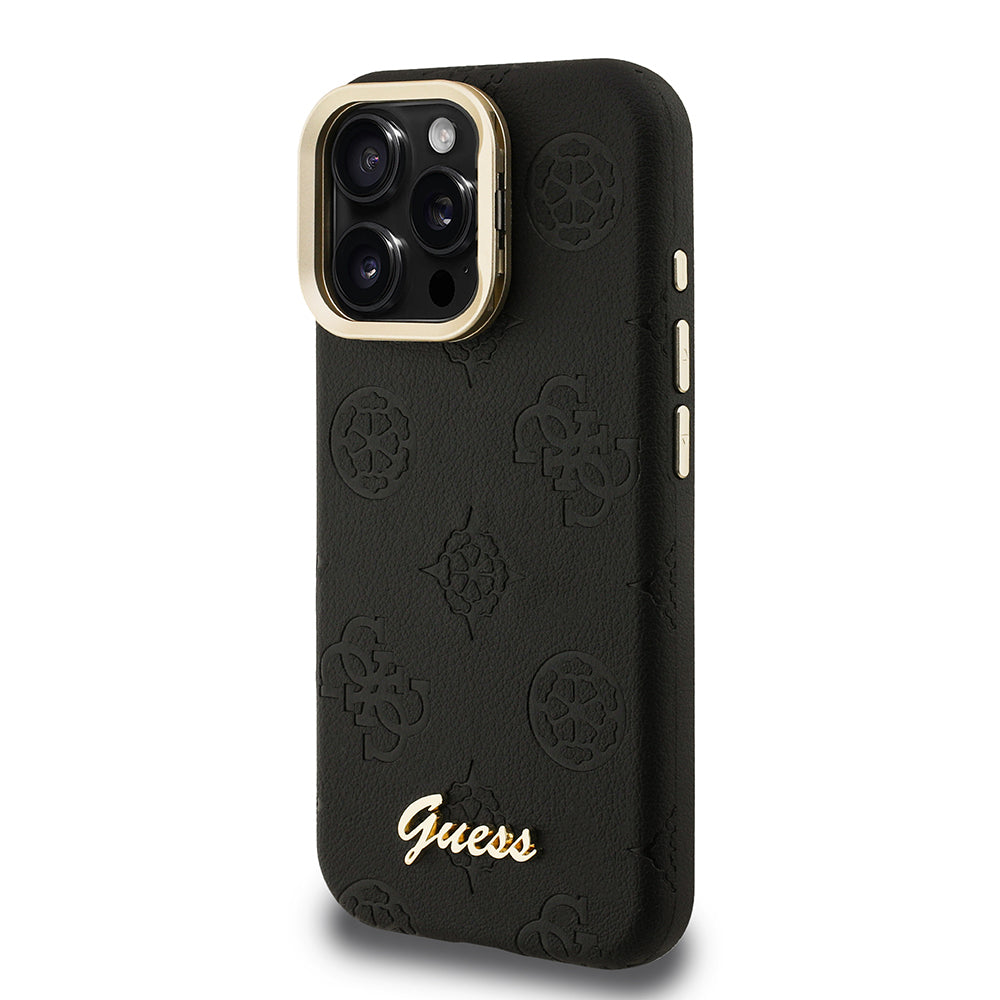 Apple iPhone 16 Pro Max Kılıf Guess Orjinal Lisanslı M-safe Şarj Özellikli Sıcak Baskılı Yazı Logolu Kamera Standlı PU Deri Peony Kapak