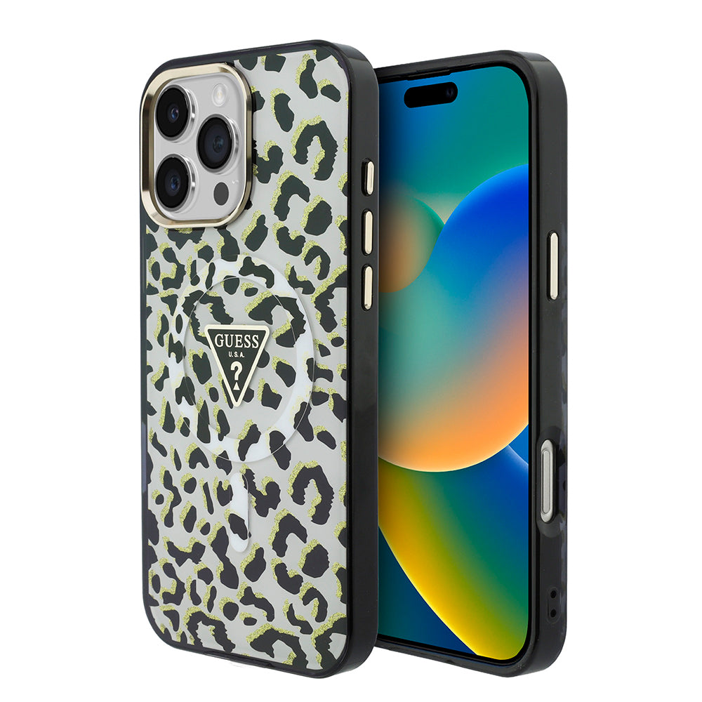 Apple iPhone 16 Pro Max Kılıf Guess Orjinal Lisanslı M-safe Şarj Özellikli Üçgen Logolu Simli Leopar Desenli Kapak